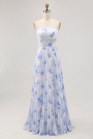 Vestido de dama de honor largo plisado plisado sin tirantes floral azul